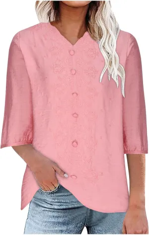 Women's V Neck Cotton Linen T Shirts Comfy Short Sleeve Loose Fit Blouses Casual Summer Trendy Basic Tops