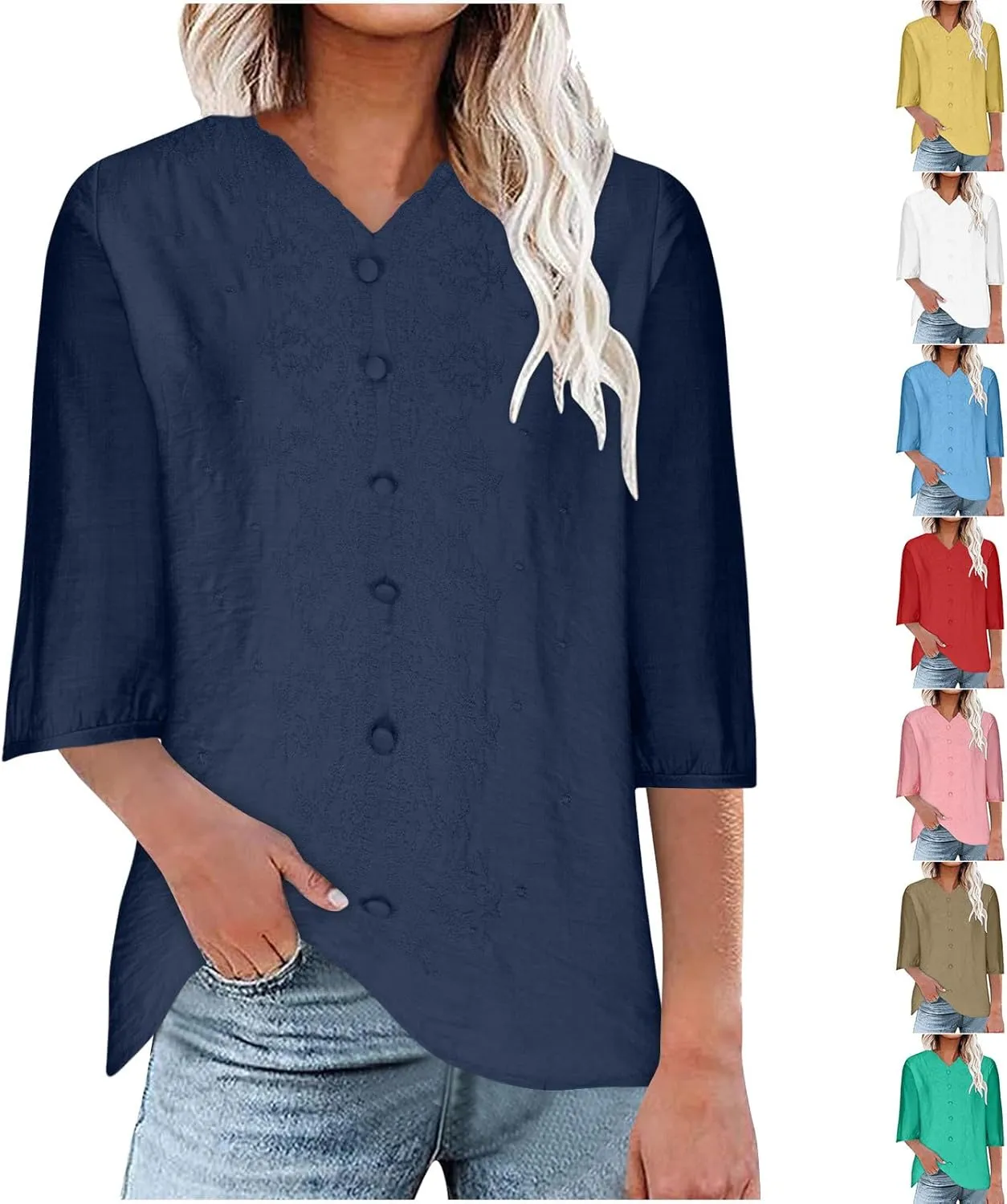 Women's V Neck Cotton Linen T Shirts Comfy Short Sleeve Loose Fit Blouses Casual Summer Trendy Basic Tops
