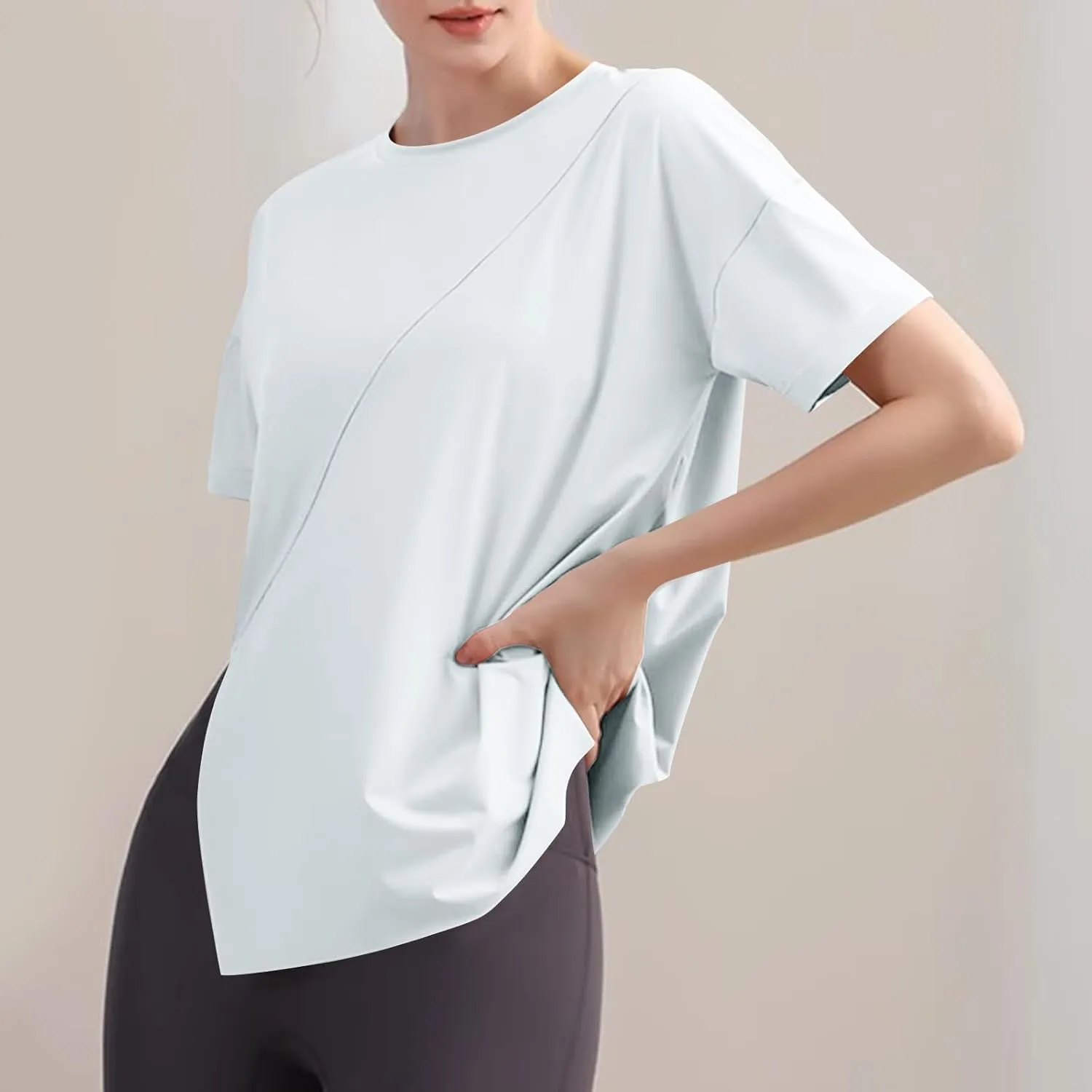 Women's Workout Soft Shirts Short Sleeve Crewneck Quick Dry Yoga T-Shirt Gym Athletic Tops Breathable Tee Side Slit