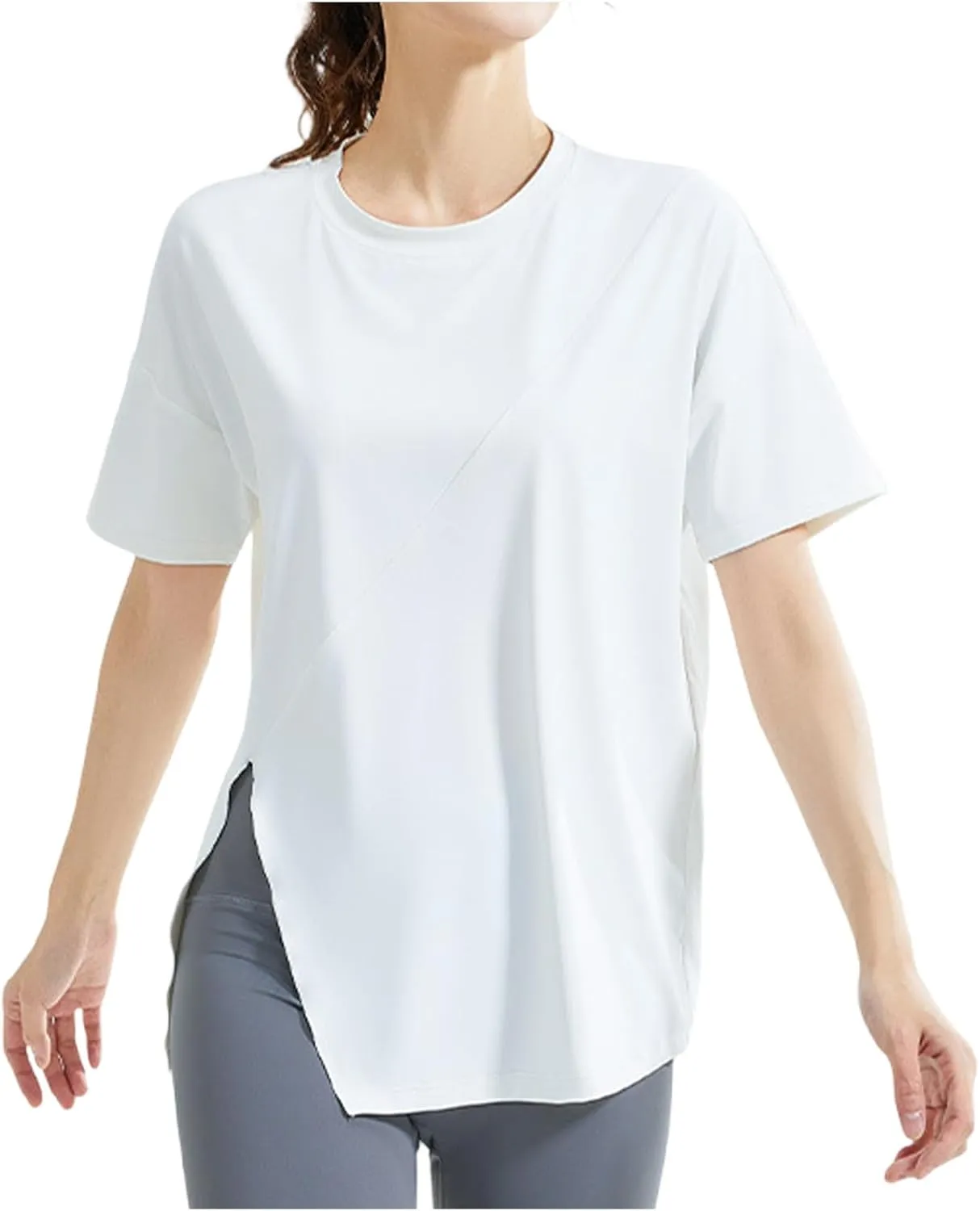 Women's Workout Soft Shirts Short Sleeve Crewneck Quick Dry Yoga T-Shirt Gym Athletic Tops Breathable Tee Side Slit