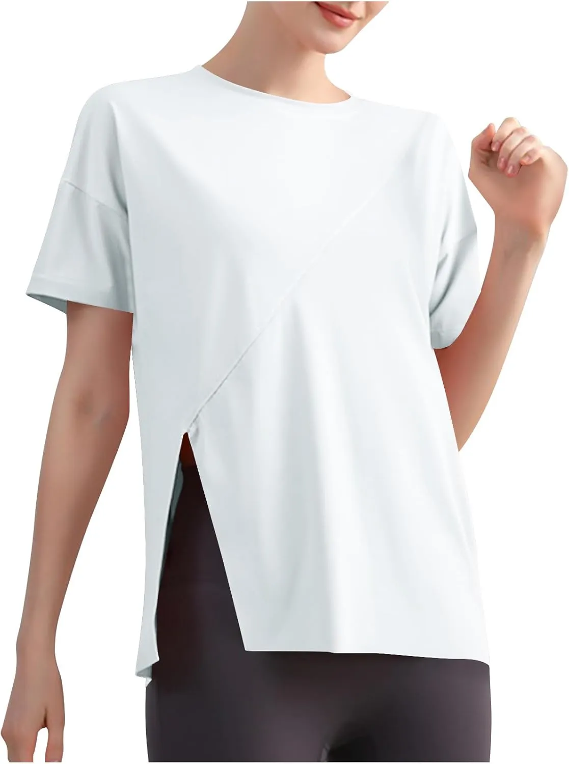 Women's Workout Soft Shirts Short Sleeve Crewneck Quick Dry Yoga T-Shirt Gym Athletic Tops Breathable Tee Side Slit