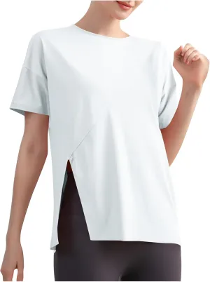 Women's Workout Soft Shirts Short Sleeve Crewneck Quick Dry Yoga T-Shirt Gym Athletic Tops Breathable Tee Side Slit