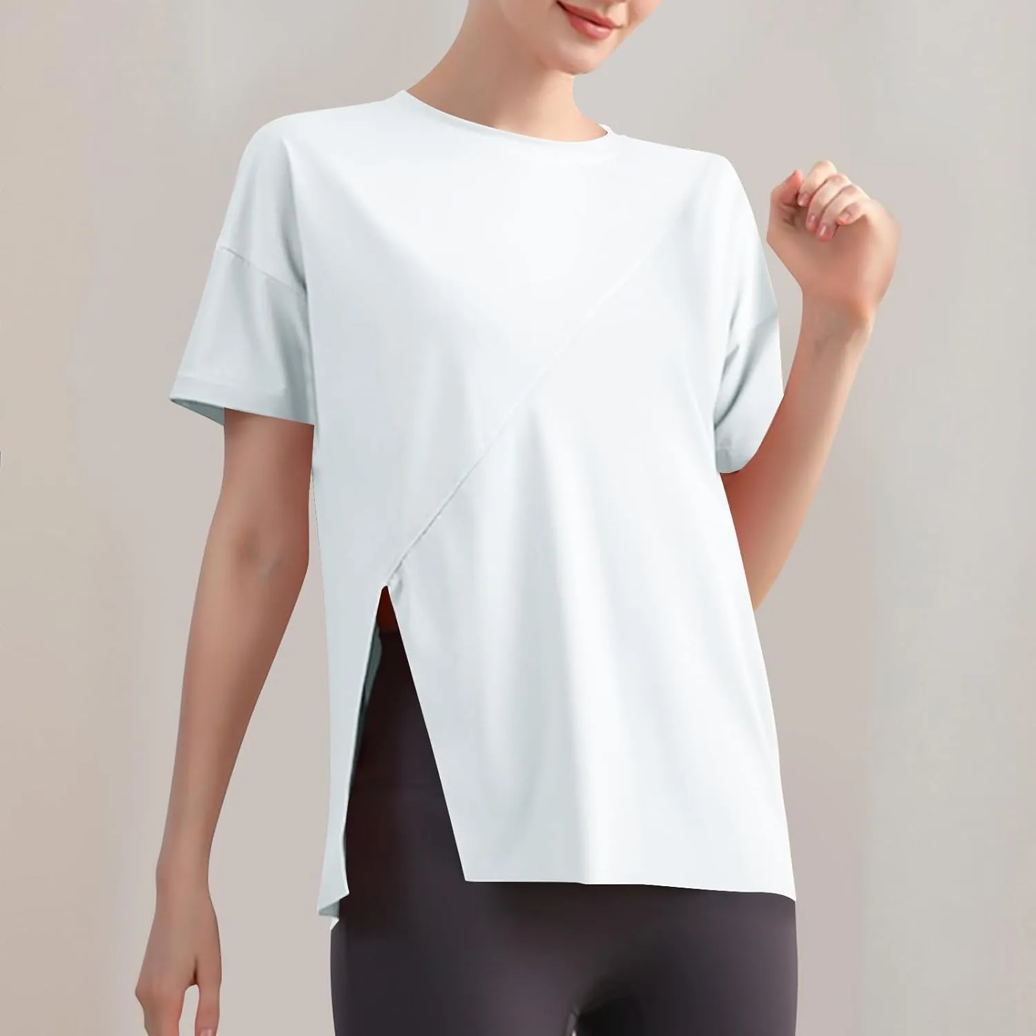 Women's Workout Soft Shirts Short Sleeve Crewneck Quick Dry Yoga T-Shirt Gym Athletic Tops Breathable Tee Side Slit