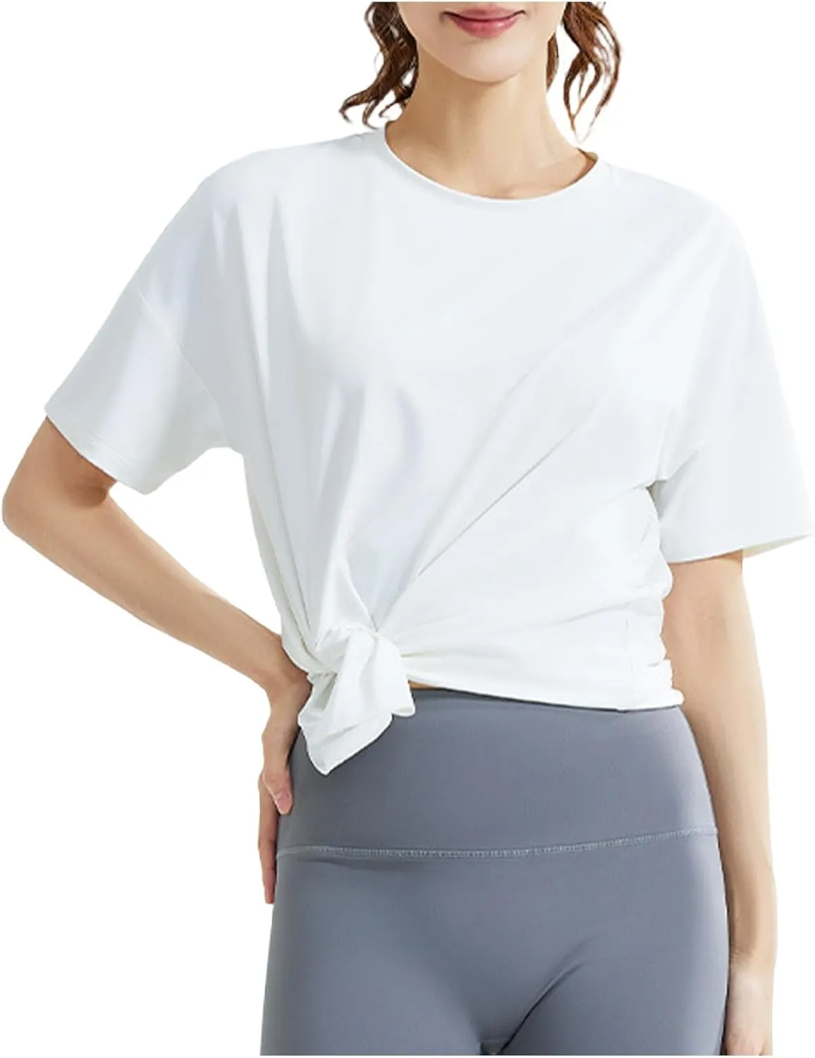 Women's Workout Soft Shirts Short Sleeve Crewneck Quick Dry Yoga T-Shirt Gym Athletic Tops Breathable Tee Side Slit