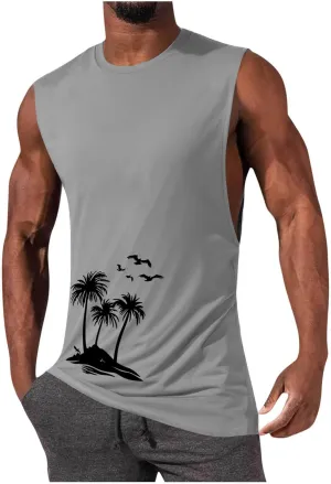 Workout Cut Off Tanks for Men Sleeveless Training Tops Fitness T-Shirts Stylish Athletic Gym Tees Tropical Beach Wear