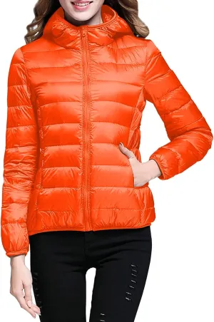 XUETON Womens Zip Up Lightweight Packable Down Puffer Jacket Autumn Winter Warm Hooded Windproof Water-Resistant Short Down Jacket Outerwear(Orange,Large)