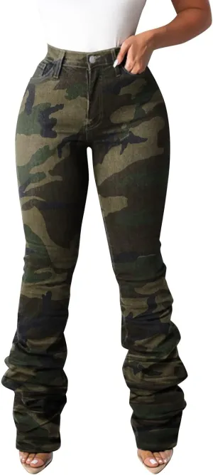 Y2K High Waisted Stacked Jeans for Women Ruched Long Pants Casual Stretchy Skinny Straight Leg Denim Trousers Camo Streetwear