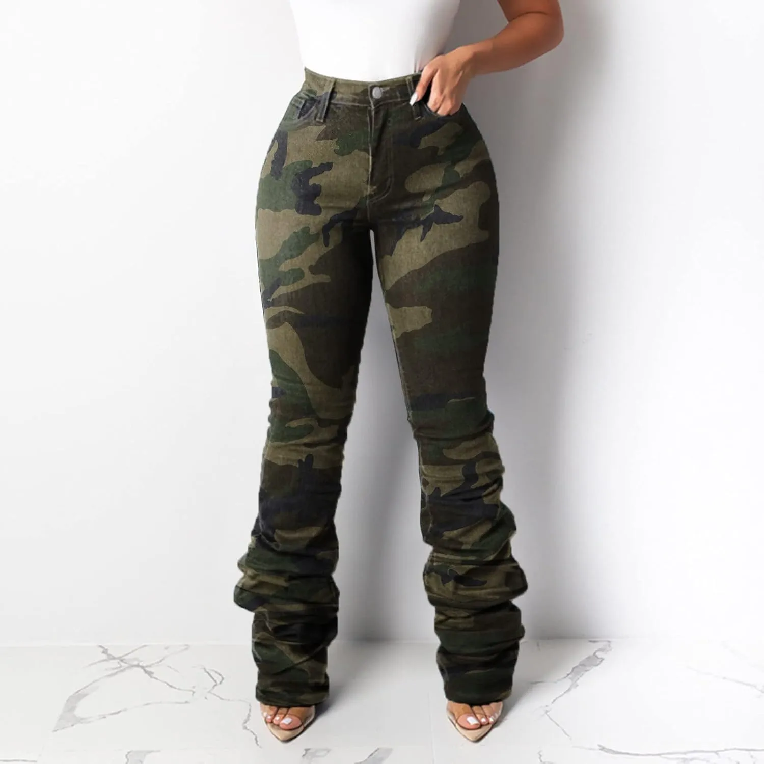 Y2K High Waisted Stacked Jeans for Women Ruched Long Pants Casual Stretchy Skinny Straight Leg Denim Trousers Camo Streetwear