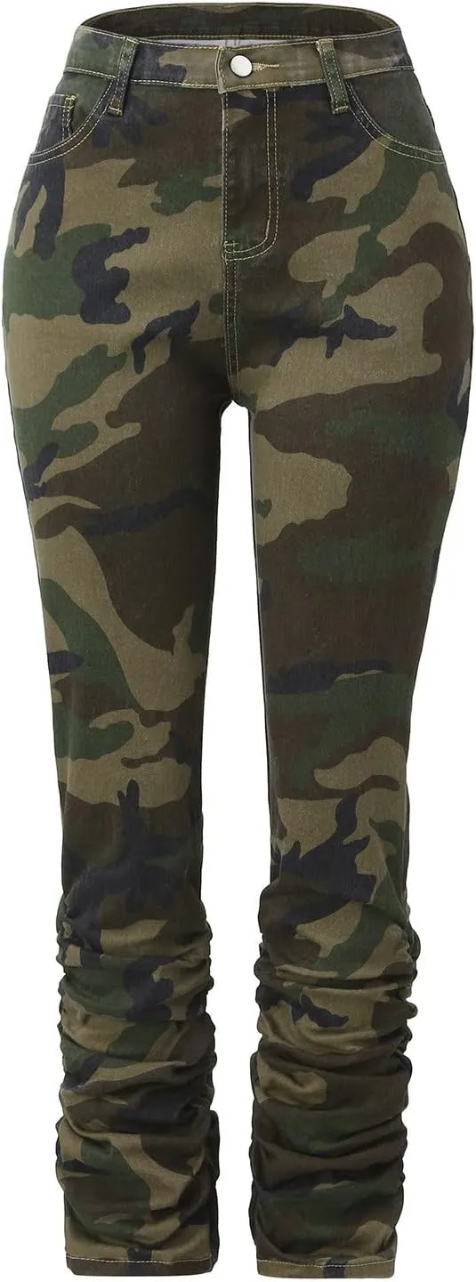 Y2K High Waisted Stacked Jeans for Women Ruched Long Pants Casual Stretchy Skinny Straight Leg Denim Trousers Camo Streetwear