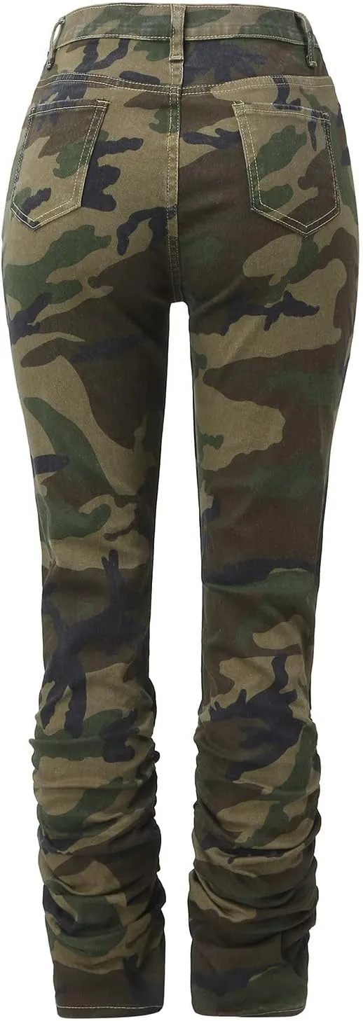 Y2K High Waisted Stacked Jeans for Women Ruched Long Pants Casual Stretchy Skinny Straight Leg Denim Trousers Camo Streetwear