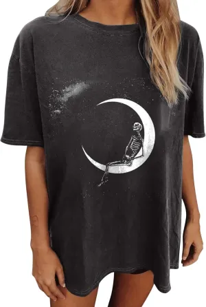 Y2K Vintage Skull Women's Summer Top, Casual Short Sleeve Oversized Crewneck Tee, Dark Gray, XXL