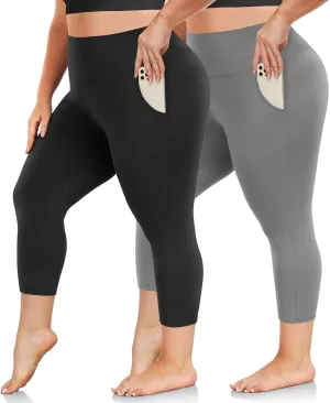 yeuG Plus Size Capri Leggings for Women-High Waisted Tummy Control Stretchy X-Large-4X Spandex Workout Running Yoga Pants