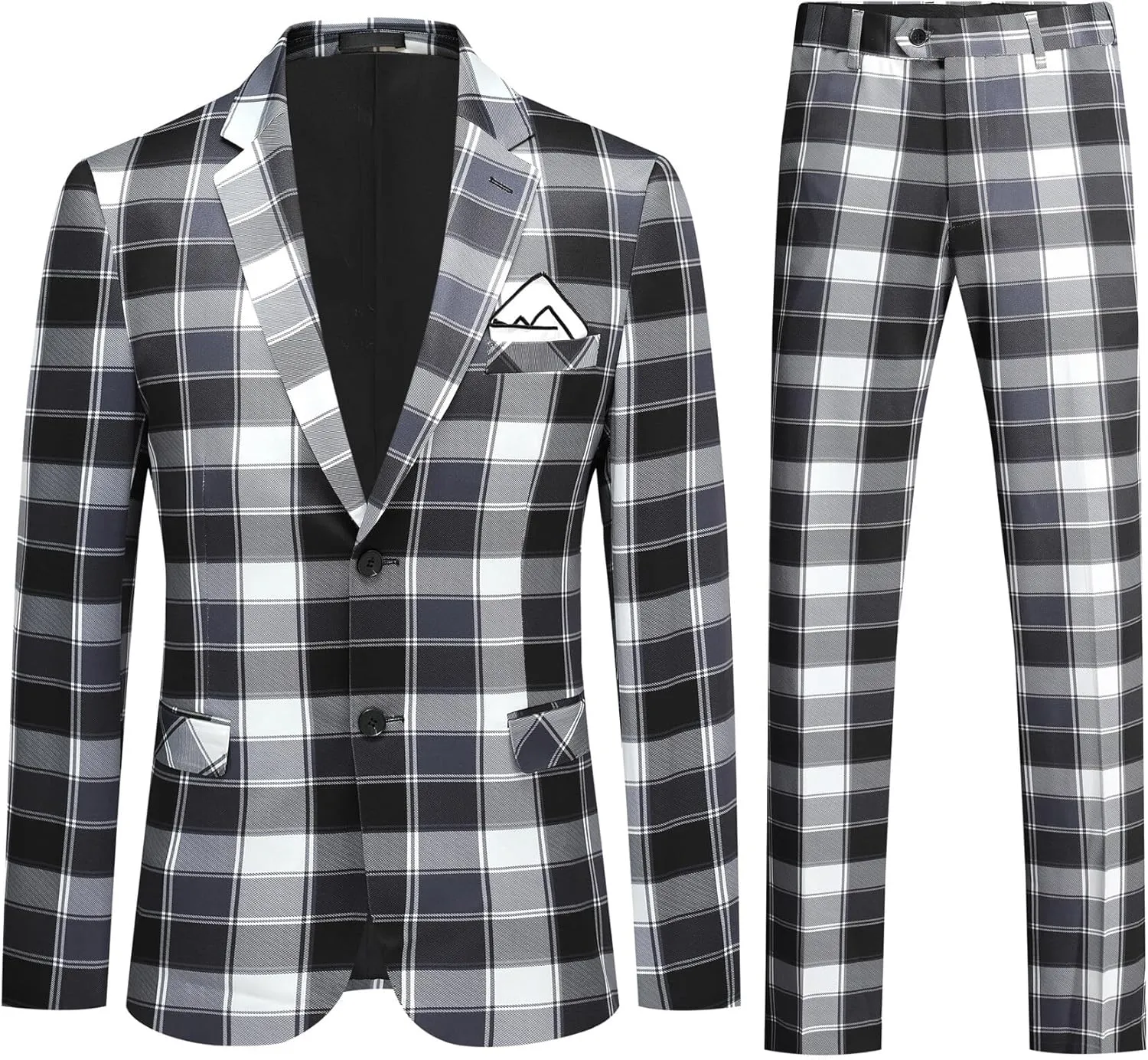 YFFUSHI Mens Slim Fit Suits 2 Piece Plaid Button Casual Formal Blazer Pants Set
