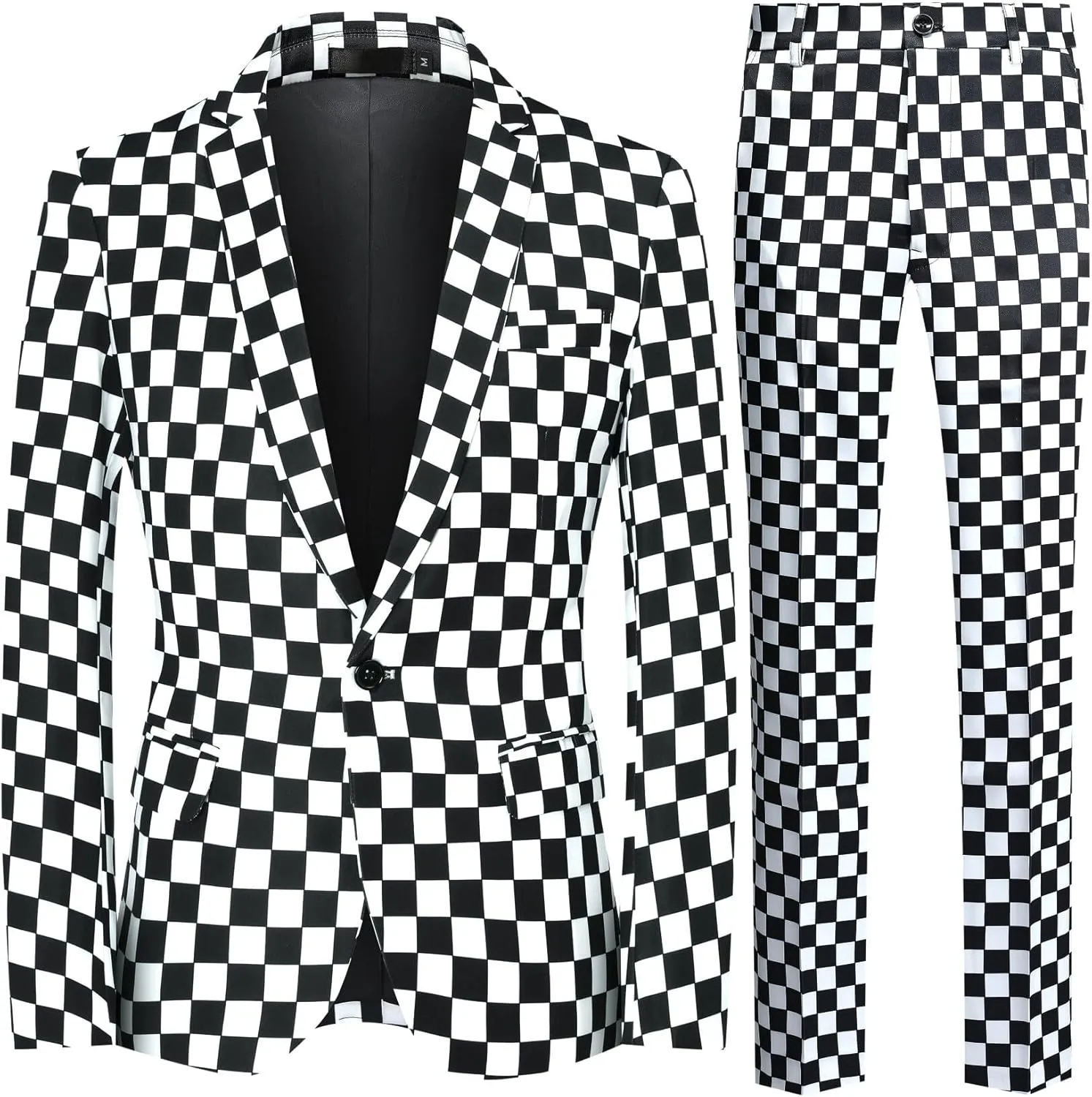 YFFUSHI Mens Slim Fit Suits 2 Piece Plaid Button Casual Formal Blazer Pants Set
