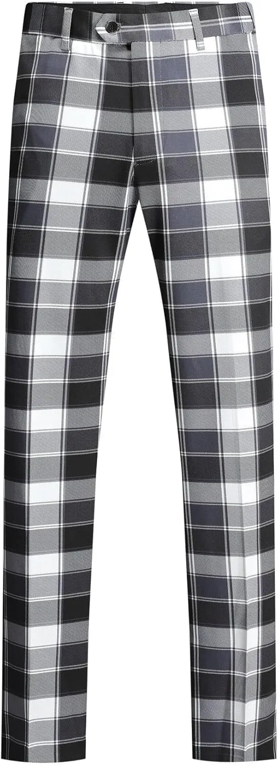 YFFUSHI Mens Slim Fit Suits 2 Piece Plaid Button Casual Formal Blazer Pants Set
