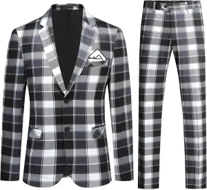 YFFUSHI Mens Slim Fit Suits 2 Piece Plaid Button Casual Formal Blazer Pants Set