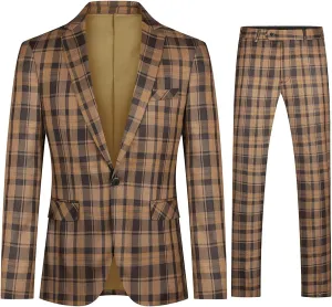 YFFUSHI Mens Slim Fit Suits 2 Piece Plaid Button Casual Formal Blazer Pants Set