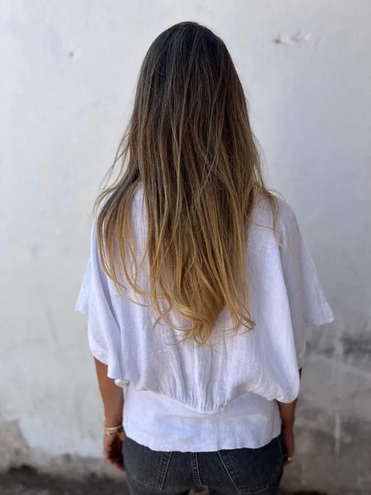 ZOCAVIA Women's Cotton Linen Blouses 2025 Summer Short Sleeve V Neck Ruffle Tops Casual Loose T Shirts Beach Vacation Blouse