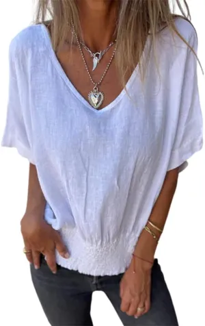 ZOCAVIA Women's Cotton Linen Blouses 2025 Summer Short Sleeve V Neck Ruffle Tops Casual Loose T Shirts Beach Vacation Blouse