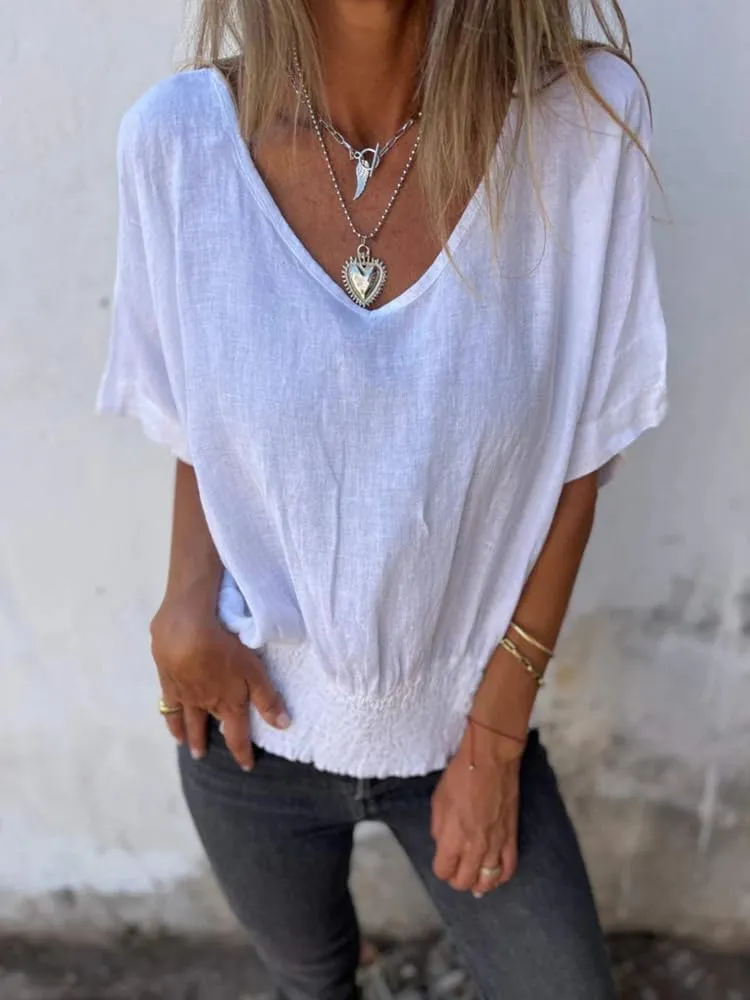 ZOCAVIA Women's Cotton Linen Blouses 2025 Summer Short Sleeve V Neck Ruffle Tops Casual Loose T Shirts Beach Vacation Blouse